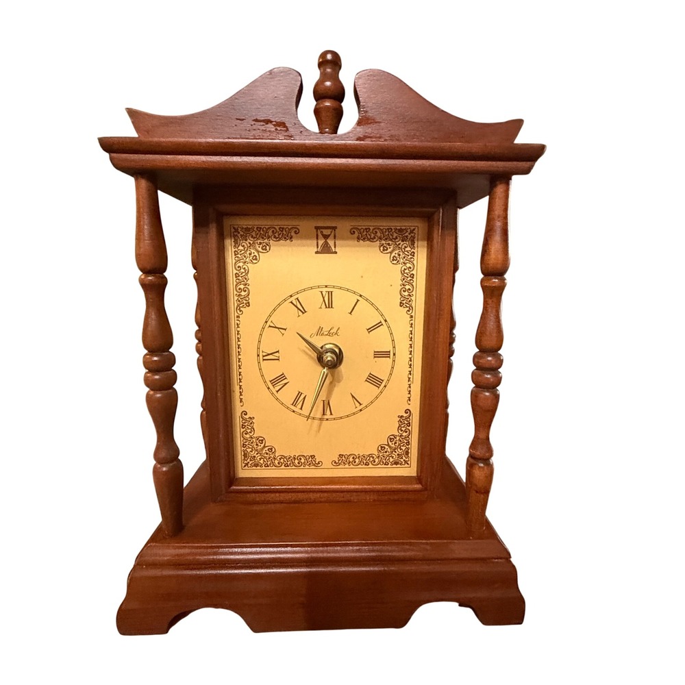Vintage MaLeck Wood Mantel Clock Electric Spindle Pillars Roman Numerals Brown